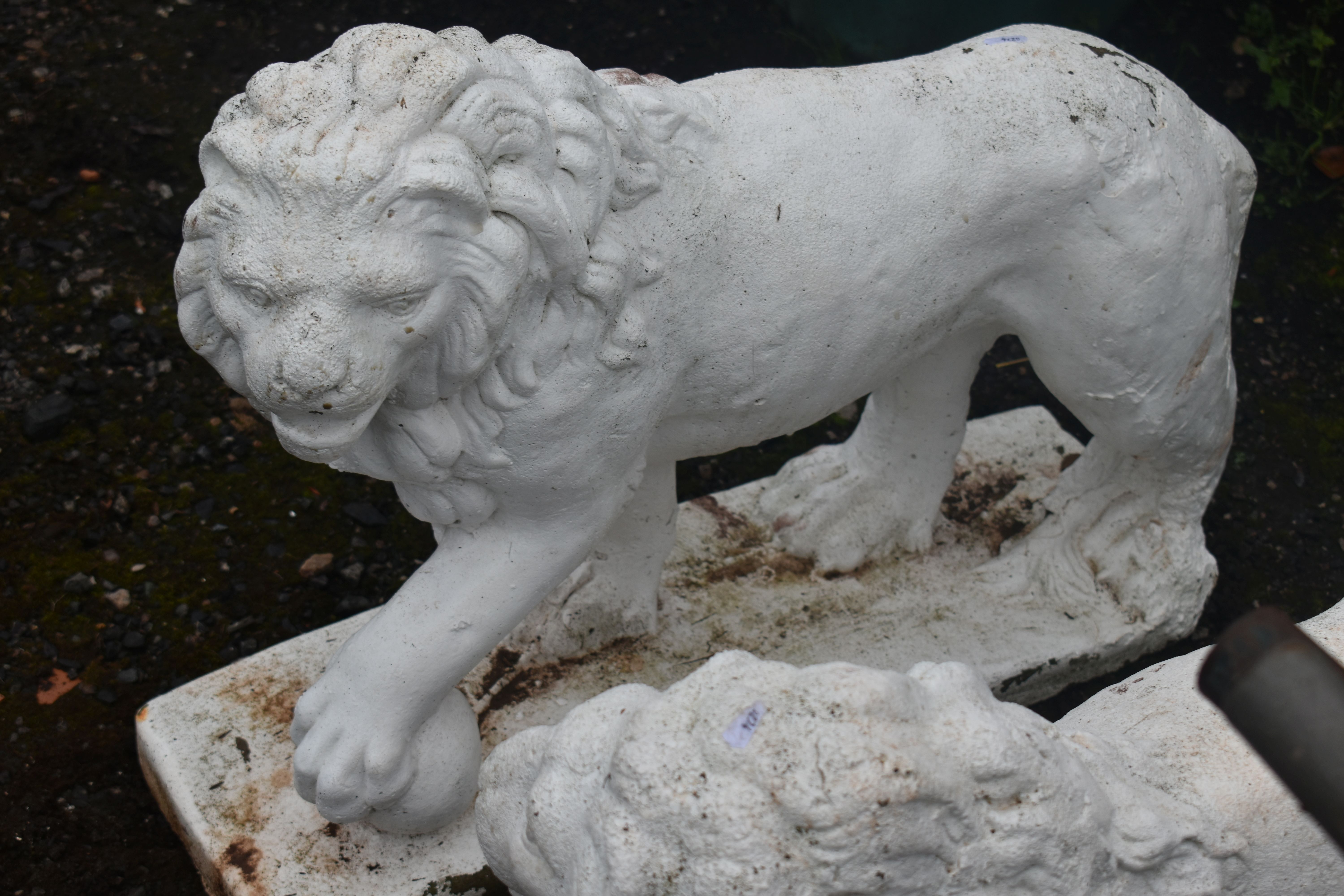 AN OPPOSING PAIR OF WHITE PAINTED COMPOSITE LIONS, with turned heads, and one front foot raised, - Image 2 of 6