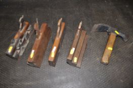 FOUR VARIOUS VINTAGE WOODEN PLANES, along with a PW Walker number 3 adze tool (5)
