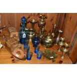 A GROUP OF MIDDLE EASTERN STYLE BRASSWARE, AND VENEITIAN GLASS APERITIF SET, comprising a blue glass