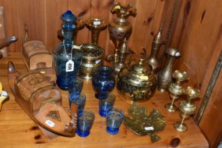 A GROUP OF MIDDLE EASTERN STYLE BRASSWARE, AND VENEITIAN GLASS APERITIF SET, comprising a blue glass