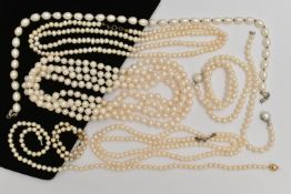 AN ASSORTMENT OF CULTURED PEARL NECKLACES, to include a single row of individually knotted cream