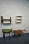 A SELECTION OF OCCASIONAL FURNITURE, to include a limed oak wall shelf, painted wall shelf, demi