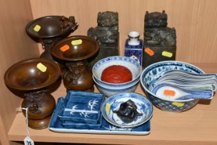 A GROUP OF CHINESE AND JAPANESE CERAMICS,BRONZE VASES, ETC, including a near pair of bronze vases