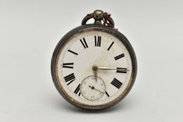 A SILVER OPEN FACE POCKET WATCH, AF missing glass front, key wound, round white dial, Roman