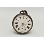 A SILVER OPEN FACE POCKET WATCH, AF missing glass front, key wound, round white dial, Roman