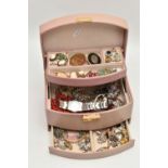 A JEWELLERY BOX WITH CONTENTS, pale pink multi storage jewellery box, with contents to include