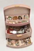 A JEWELLERY BOX WITH CONTENTS, pale pink multi storage jewellery box, with contents to include