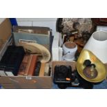 TWO BOXES OF METALWARE, BOOKS AND SUNDRIES, to include a cast 'The Queen' set of balance scales with