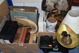 TWO BOXES OF METALWARE, BOOKS AND SUNDRIES, to include a cast 'The Queen' set of balance scales with