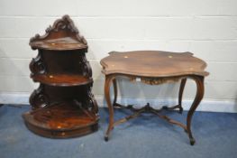A VICTORIAN STYLE MAHOGANY SERPENTINE CENTRE TABLE, on cabriole legs, united by stretchers, width
