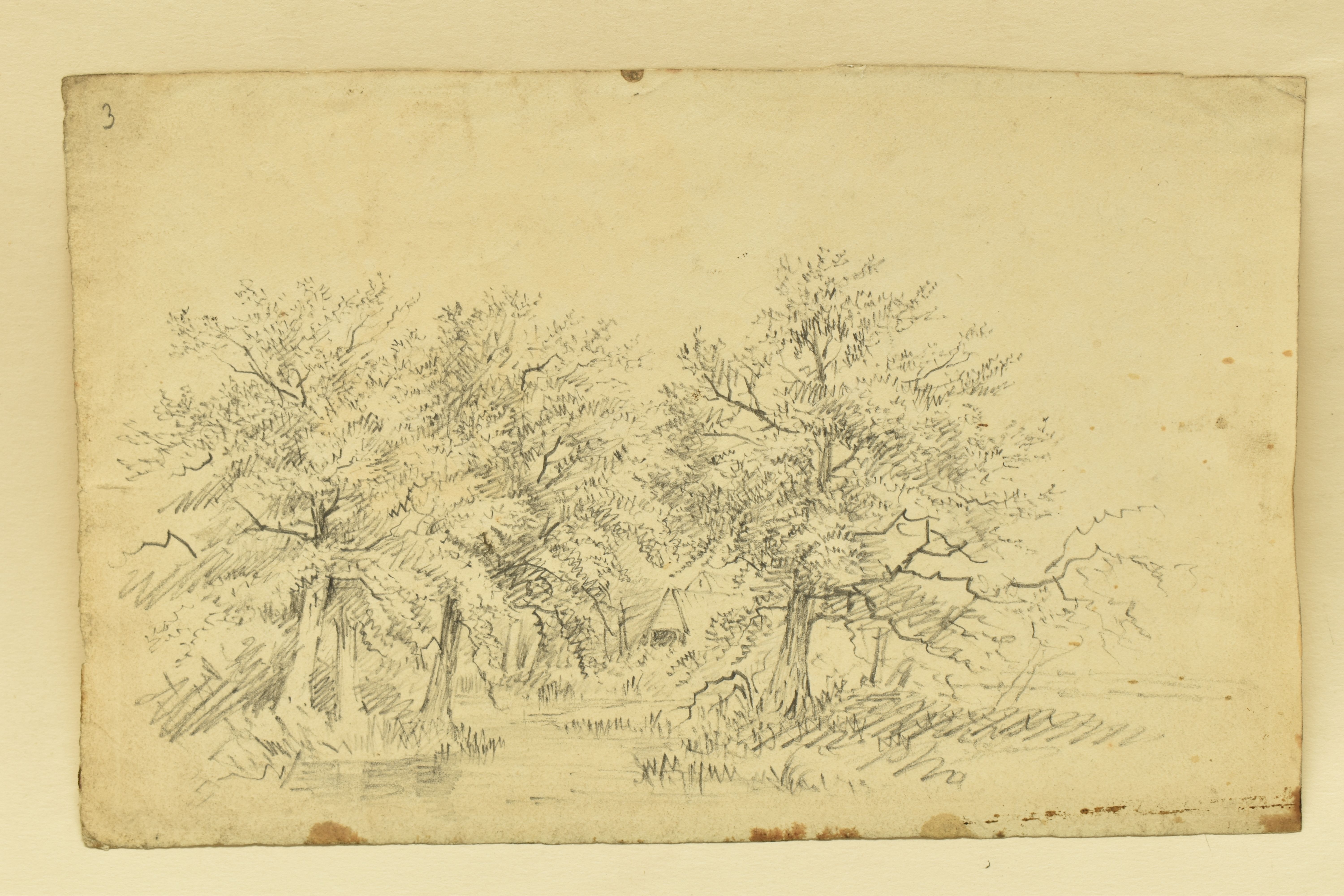 CIRCLE OF PATRICK NASMYTH (1787-1831) TREES ON A RIVERBANK, unsigned pencil on paper, approximate - Image 2 of 5