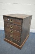 A 19TH CENTURY OAK CHEST OF FIVE DRAWERS, with brass campaign handles, width 55cm x depth 70cm x