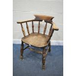 A STAINED ELM AND BEECH BOW TOP SMOKERS CHAIR (condition report: worn finish)
