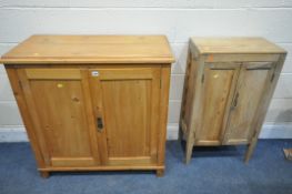A MODERN PINE PANELLED TWO DOOR CUPBOARD, width 89cm x depth 42cm x height 91cm, and a bespoke