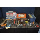 TWO BOXES AND A BLUE TOOLBOX CONTAINING TOOLS, to include a variety of saws, screwdrivers, drill