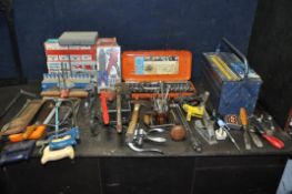 TWO BOXES AND A BLUE TOOLBOX CONTAINING TOOLS, to include a variety of saws, screwdrivers, drill