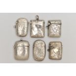 SIX SILVER VESTA CASES, five with engraved floral or foliage patterns, and an embossed floral vesta,