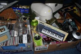 FIVE BOXES OF ASSORTED SUNDRIES ETC, to include a Breville smoothie maker, Yamaha portasound