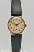 A 9CT GOLD WRISTWATCH, hand wound movement, round dial, Arabic numerals, second subsidiary dial at