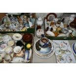 THREE BOXES OF ORNAMENTS, VASES AND COLLECTOR'S PLATES, to include a Sadler tea caddy, Yeo Pottery