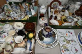 THREE BOXES OF ORNAMENTS, VASES AND COLLECTOR'S PLATES, to include a Sadler tea caddy, Yeo Pottery