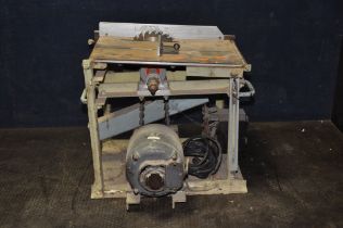 AN UNBRANDED BELT DRIVEN TABLE SAW, and stand (condition: untested due to uninsulated cable, signs