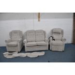A REPOSE THREE PIECE LOUNGE SUITE in light grey herringbone fabric, comprising of an electric rise
