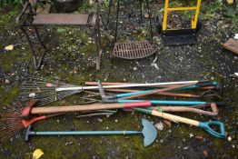 A SELECTION OF GARDEN TOOLS, to include rakes, forks, etc, a sack truck, wire planter, etc (10+)
