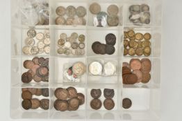 A PLASTIC SECTIONED TRAY OF MIXED COINAGE TO INCLUDE, an 1885 Victoria Shilling coin, a bag of