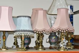 A QUANTITY OF BRASS TABLE LAMPS, fourteen lamps comprising three brass column form lamps, three
