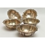 A SET OF FIVE WHITE METAL DISHES OF SHAPED SQUARE FORM, on a short foot, all stamped 800 with