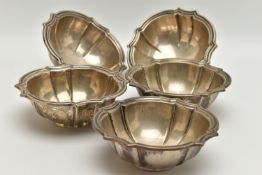 A SET OF FIVE WHITE METAL DISHES OF SHAPED SQUARE FORM, on a short foot, all stamped 800 with