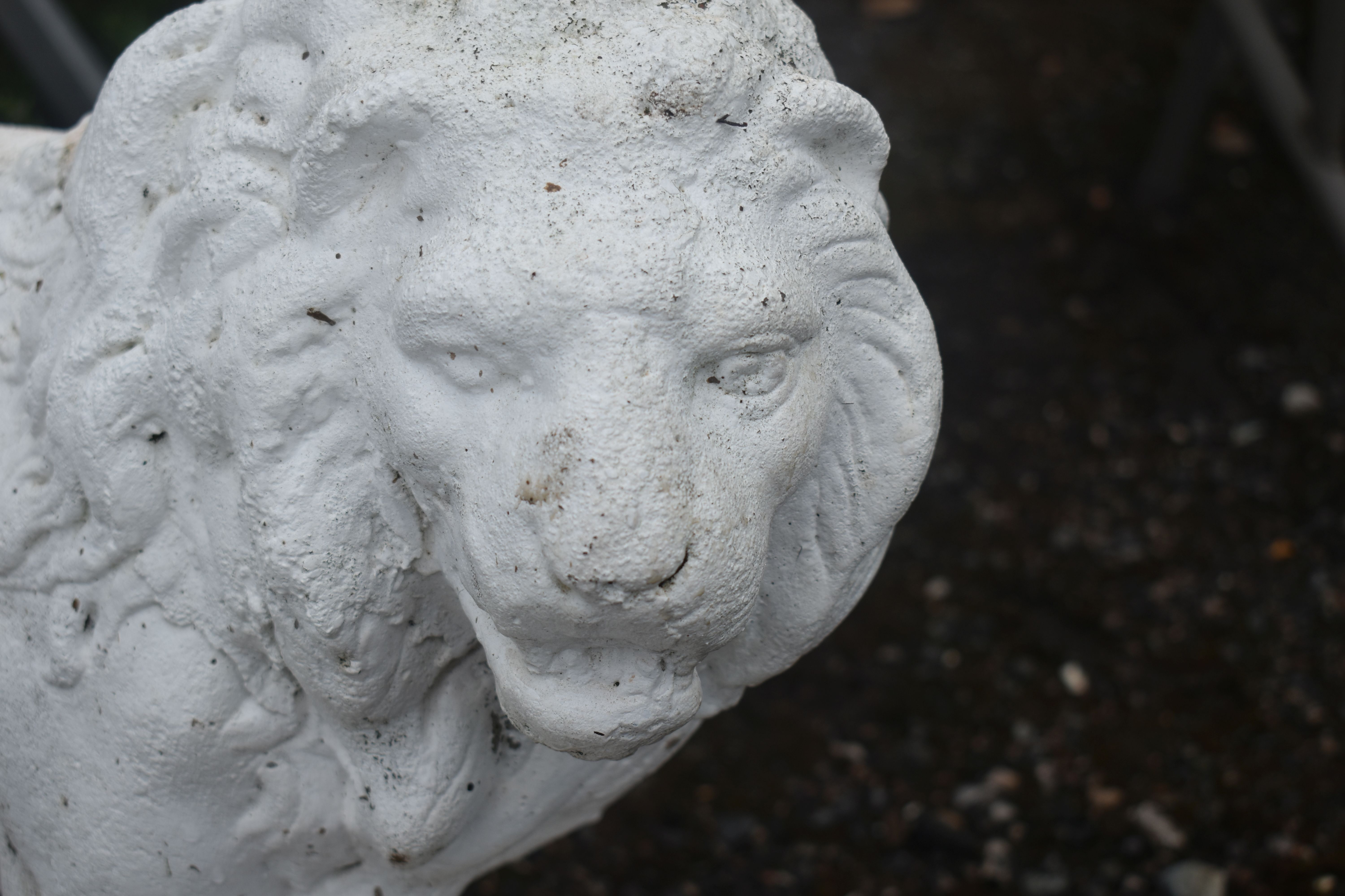 AN OPPOSING PAIR OF WHITE PAINTED COMPOSITE LIONS, with turned heads, and one front foot raised, - Image 5 of 6