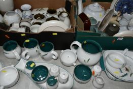 TWO BOXES OF DENBY DINNERWARE, to include 'Greenwheat', 'Shamrock', 'Lorraine', 'Cotswold', 'Pot