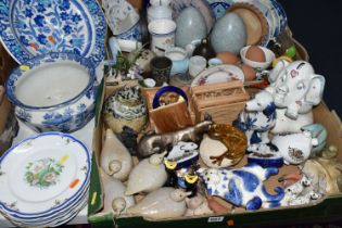 TWO BOXES OF CERAMICS, to include a blue and white hand painted Turkish charger, blue and white '