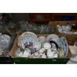 FIVE BOXES AND LOOSE CERAMICS AND GLASS ETC, to include Royal Worcester ramekins, Cauldon rose