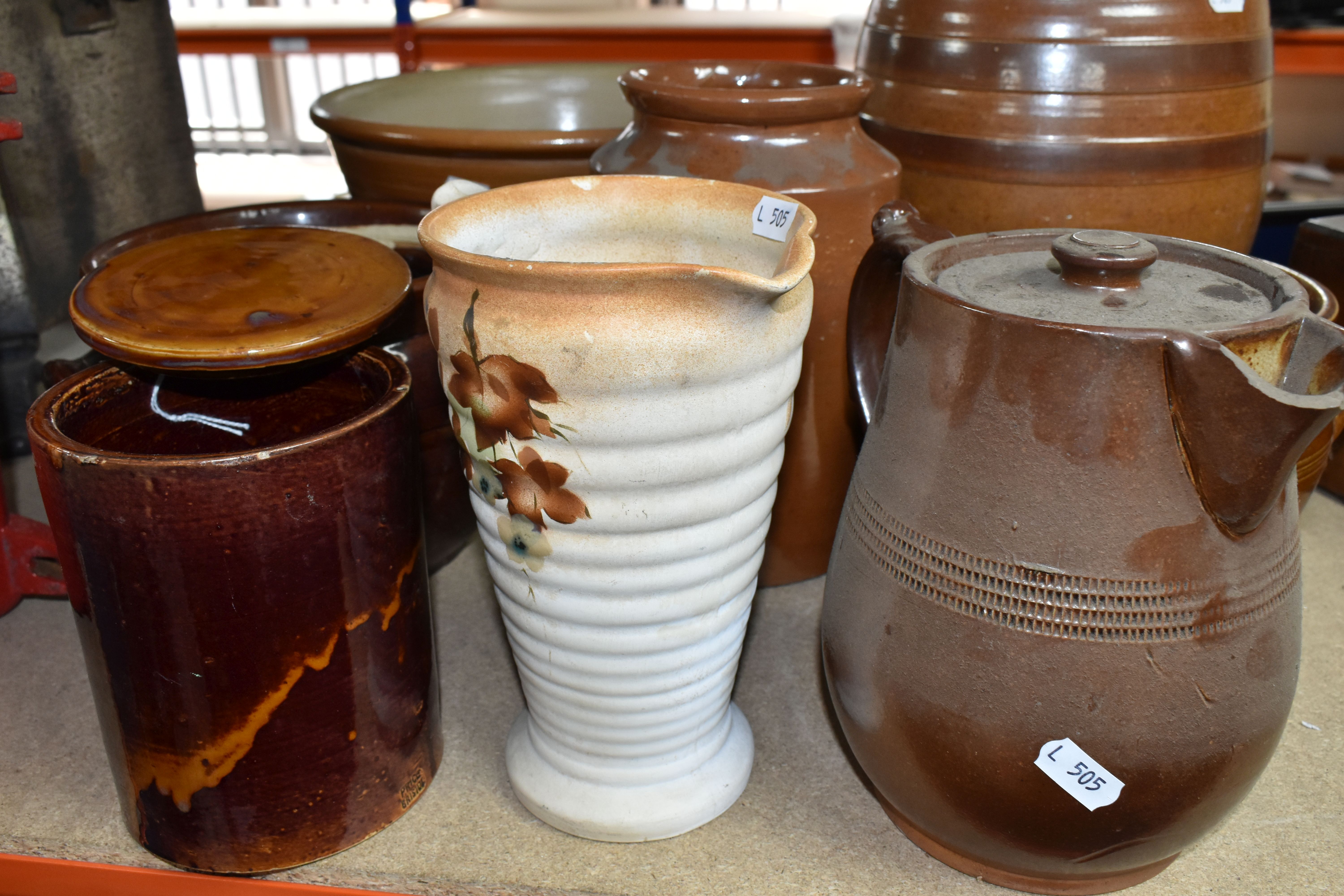 A COLLECTION OF EARTHENWARE SALTGLAZED POTS, comprising a beer keg, two large jars, two twin handled - Image 9 of 9