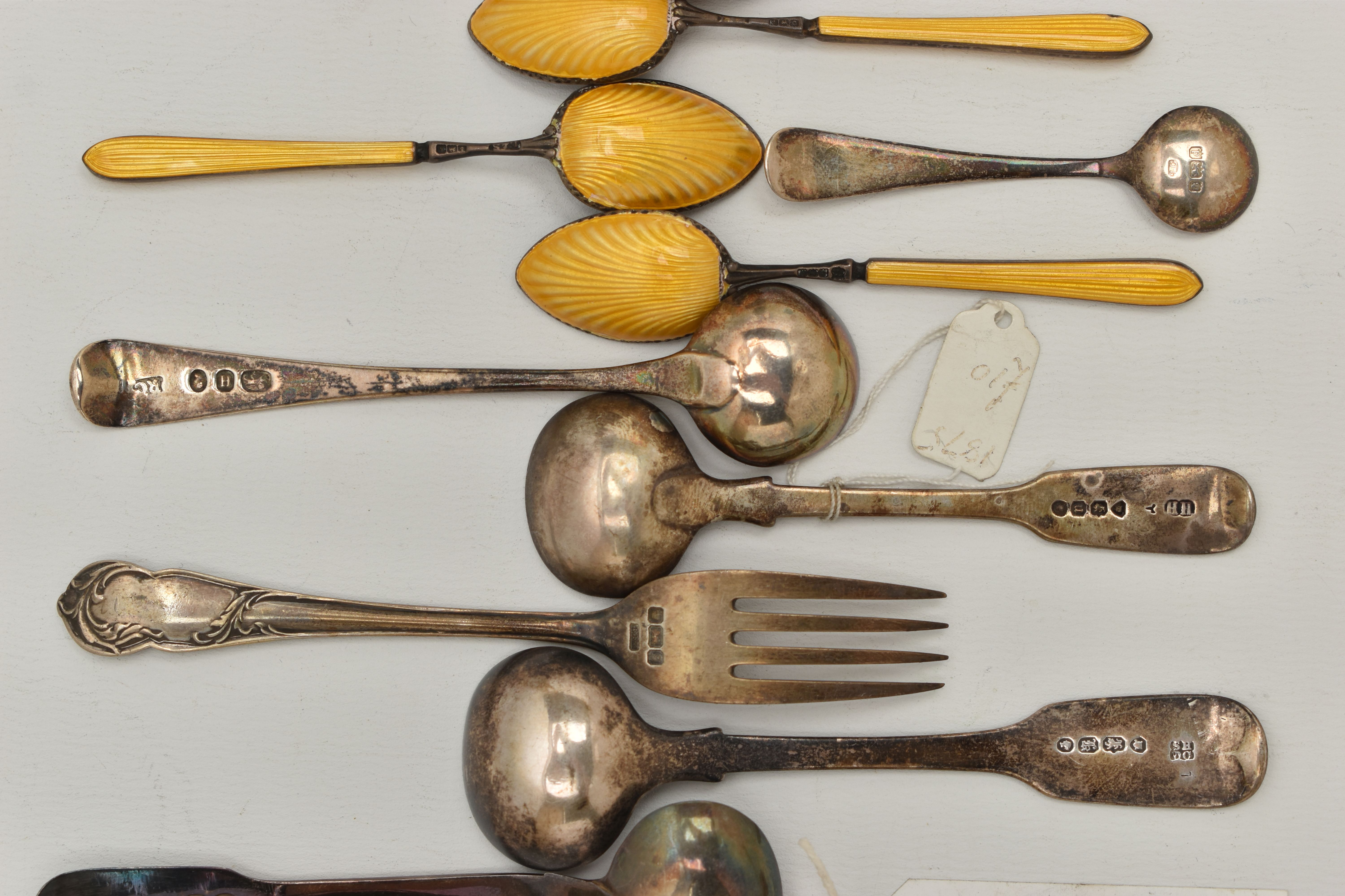 A BAG OF ASSORTED SILVER CUTLERY, to include five yellow guilloche enamel coffee spoons, - Image 7 of 8