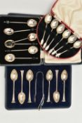 THREE CASED SETS OF SILVER COFFEE SPOONS, comprising an Elizabeth II set in a semi-circular case,