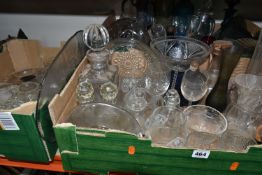 THREE BOXES OF GLASSWARE, to include flower frogs, vases, jugs, decanters, vases, measuring jugs and