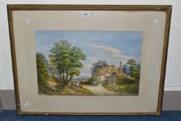 A VICTORIAN WATERCOLOUR LANDSCAPE PICTURE, three children are having a picnic under the shade of a
