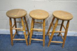 THREE BEECH HIGH STOOLS, height 69cm (condition report: surface scratches) (3)