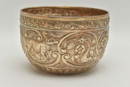 A MID 20TH CENTURY SILVER EMBOSSED BOWL, embossed floral and foliage pattern with vacant