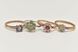 FOUR GEM SET RINGS, the first a yellow gold cluster ring set with a stone assessed as sphene and