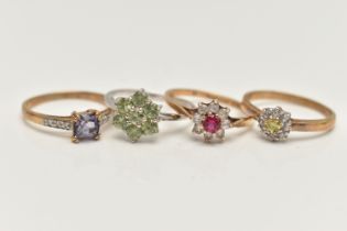 FOUR GEM SET RINGS, the first a yellow gold cluster ring set with a stone assessed as sphene and