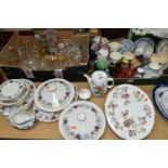 TWO BOXES AND LOOSE CERAMICS AND GLASS ETC, to include Royal Doulton 'Camelot' part dinner service