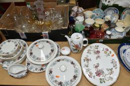 TWO BOXES AND LOOSE CERAMICS AND GLASS ETC, to include Royal Doulton 'Camelot' part dinner service