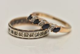 TWO RINGS, the first a 9ct gold gem set half eternity ring set with four marquise cut blue sapphires
