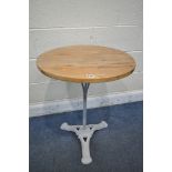 A PAINTED CAST IRON PUB TABLE, with a pine circular top (condition report: historical cracks)