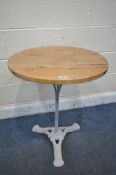 A PAINTED CAST IRON PUB TABLE, with a pine circular top (condition report: historical cracks)